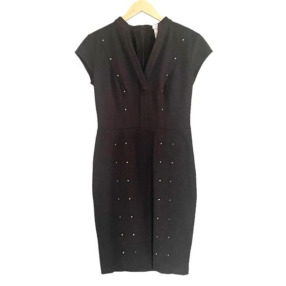 Y2K Cache Bodycon Dress Black Ponte Knit Fitted Gold Stud Studded Sheath Size 6 - Picture 1 of 10